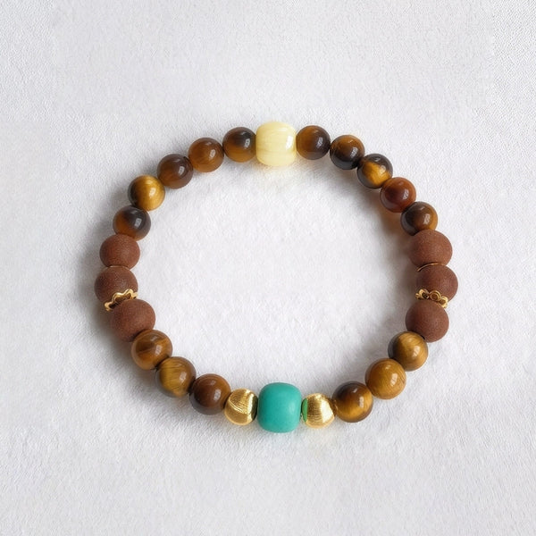 Natural Golden Tiger's Eye, Turquoise & Amber Herbal Wellness Bracelet - Courage • Calmness • Emotional Balance