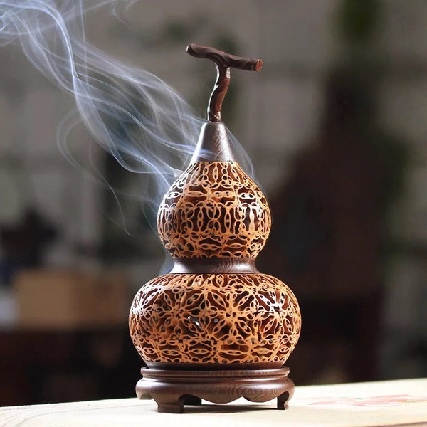 Blessed Walnut Incense Burner · Handcrafted Wenge Wood Gourd Incense Holder | Natural Openwork Art Decor