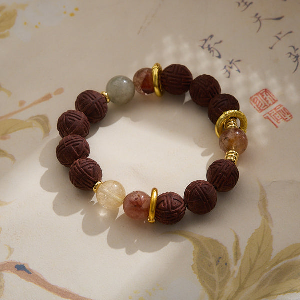 Blonde crystal red gel flower crystal happy characters combined with incense beads bracelet - Improvement of wealth·Breakthrough in career